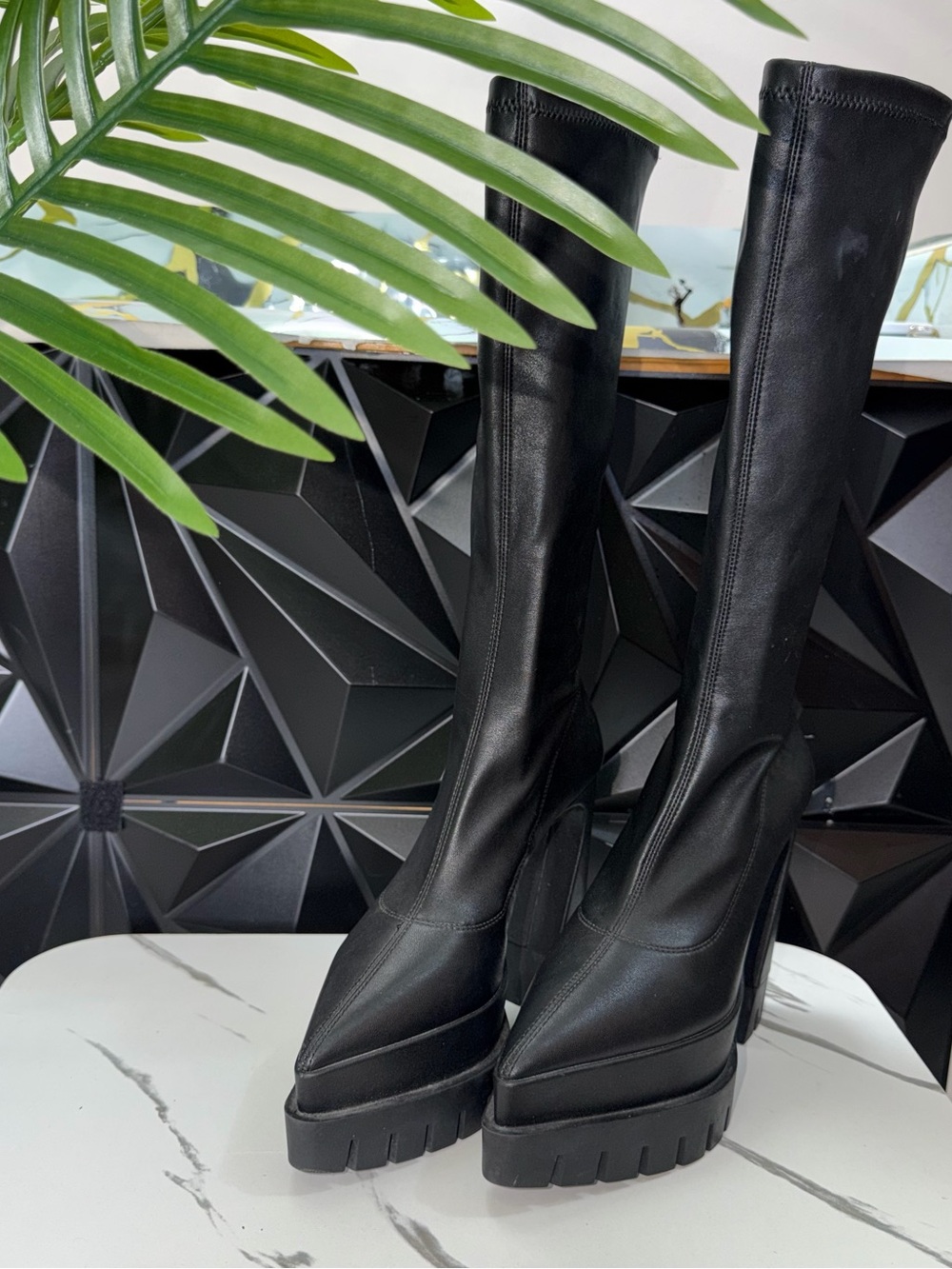 Black Platform Knee-High Boots - Women's Fashion
